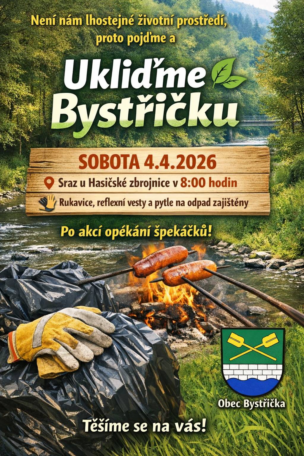 Vzhledem k pořádání motoristického podniku v původním termínu "Ukliďme Bystřičku" 28.3.2026, se tento mění na nový termín sobota 4.4.2026 viz plakát a web obce Bystřičky