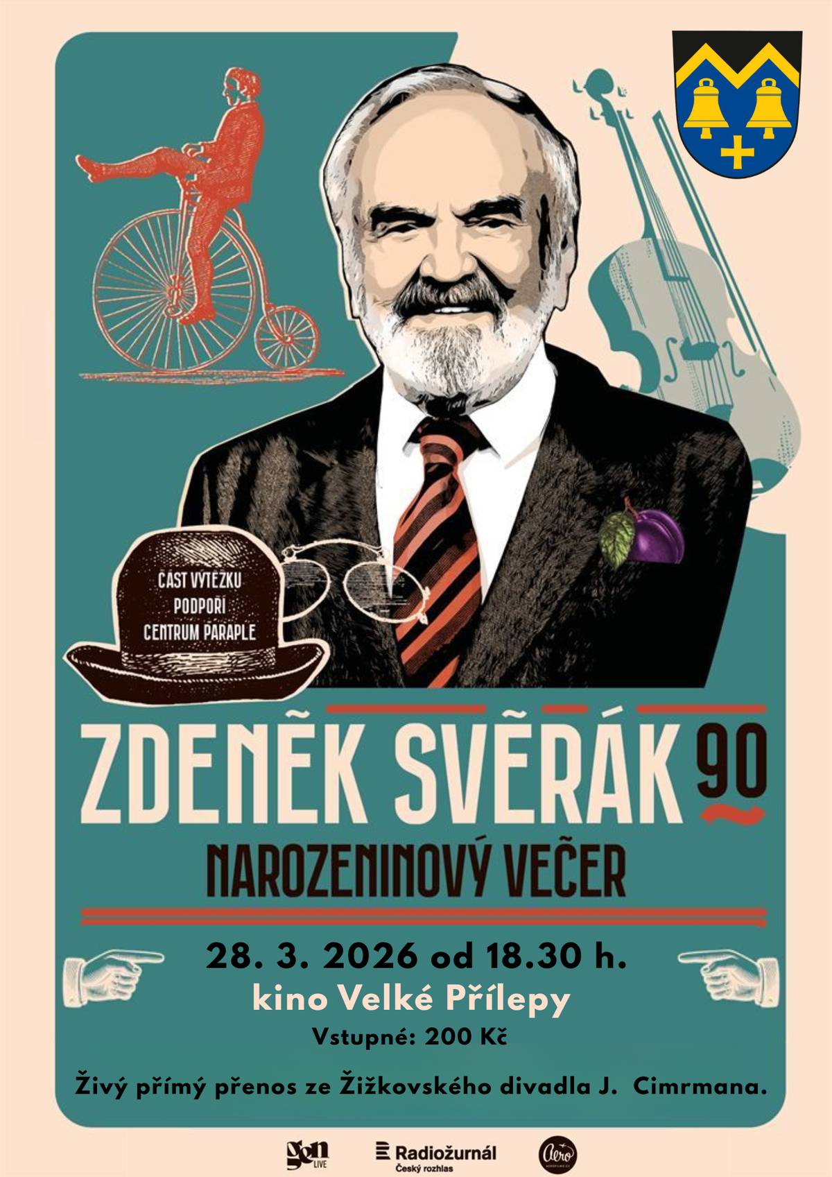 Přijďte v sobotu 28. března do CVA na přímý přenos z oslavy devadesátin Zdeňka Svěráka! Zdeněk Svěrák oslaví 90. narozeniny velkolepým slavnostním večerem v Žižkovském divadle Járy Cimrmana. Večer ve stylu „Nealkoholické vinárny U Pavouka“ s mnoha hosty bude živě vysílán kromě 170 kin po celé ČR i v našem kině! 📅 28. března 2026 🕡 18:30 📍 Kino Velké Přílepy 🎟 Vstupné: 200 Kč. Rezervace Část výtěžku ze vstupného bude věnována na podporu Centra Paraple, jehož spoluzakladatelem je i Z. Svěrák.  Přijďte oslavit kulaté narozeniny Zdeňka Svěráka, který patří k nejvýznamnějším osobnostem české kultury jako herec, scénárista a textař.