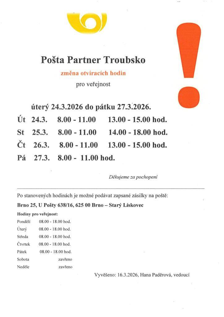 Pošta Troubsko -změna otevírací doby 24.03. - 27.03.2026