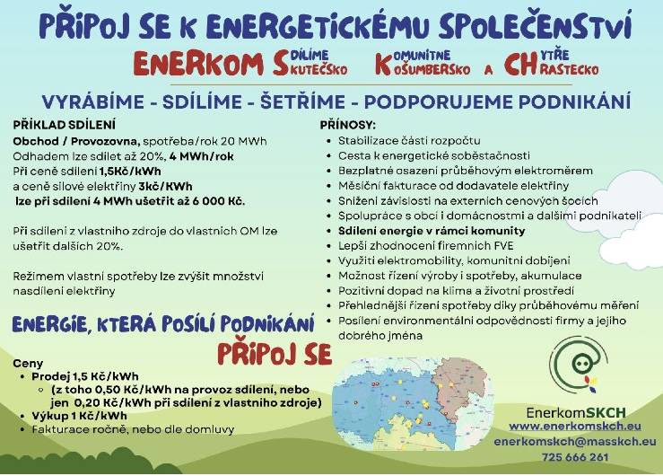 ⚡️ Sdílejte energii a šetřete s Enerkom SKCH!  Máte vlastní fotovoltaiku, nebo o ní uvažujete? Chcete snížit náklady na elektřinu ve vaší obci, firmě či domácnosti? MAS SKCH vás zve do energetického společenství Enerkom SKCH (Skutečsko, Košumbersko a Chrastecko).