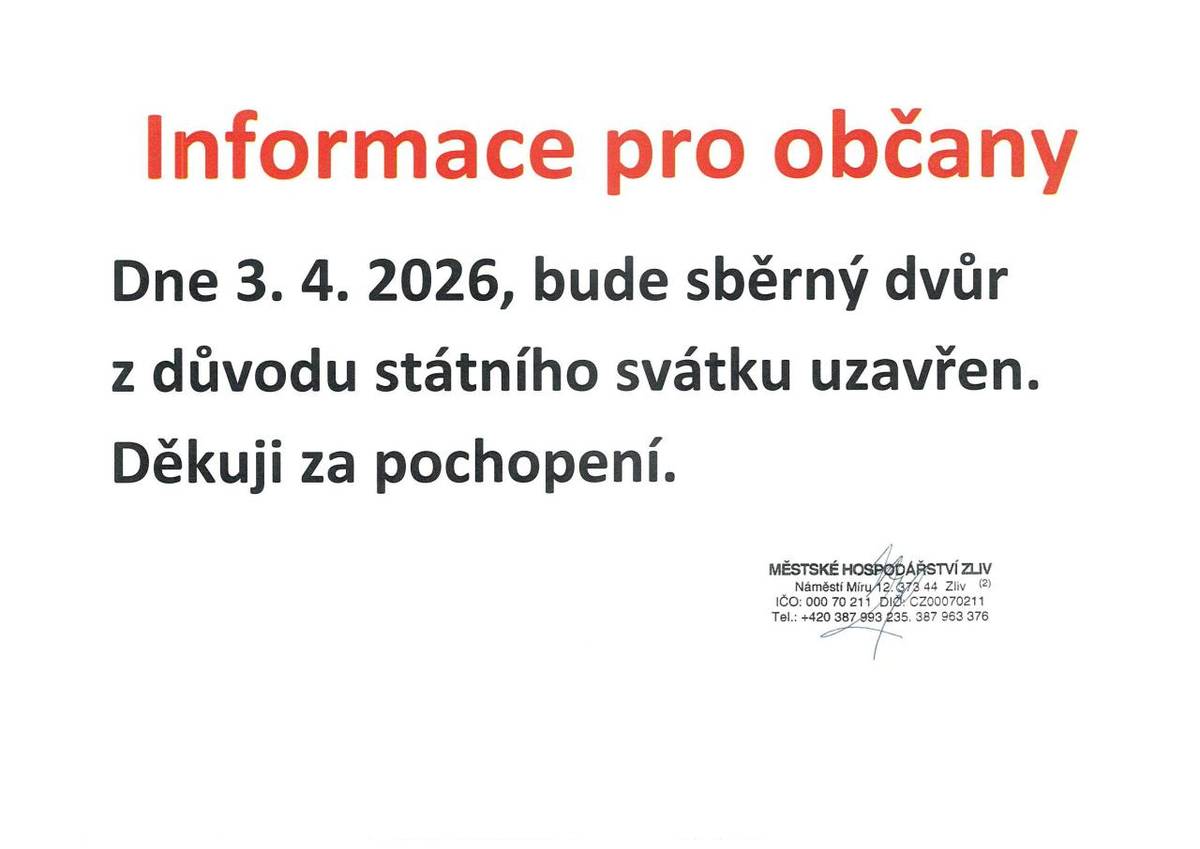 v pátek 3.4.2026, bude sběrný dvůr z důvodu státního svátku uzavřen.