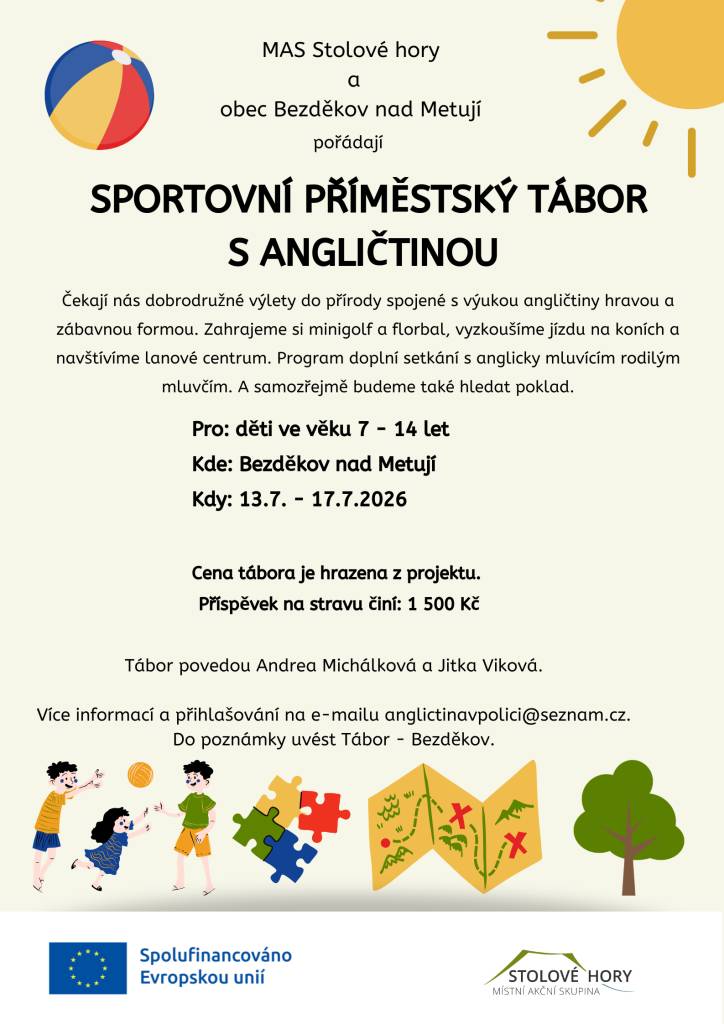 Obec Bezděkov nad Metují ve spolupráci s MAS Stolové hory zve děti na sportovní příměstský tábor s angličtinou, který se uskuteční v termínu 13.–17. července 2026.
