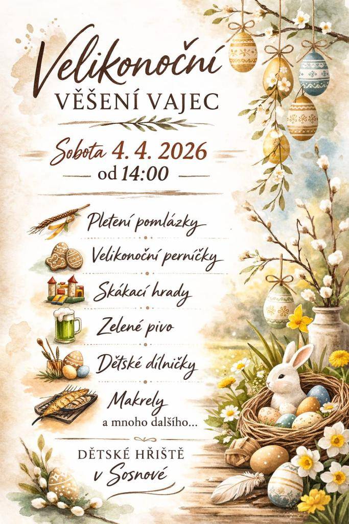 Rádi bychom Vás pozvali na již 3. ročník akce "Velikonoční věšení vajec". Již v sobotu 04.04.2026 na dětském hřišti.