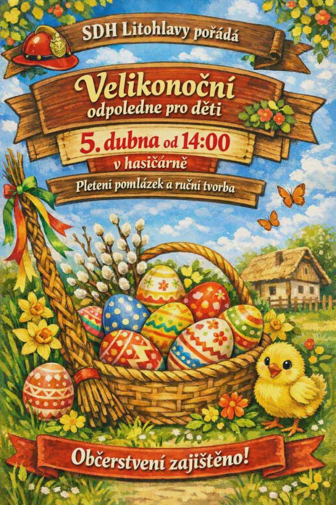 SDH Litohlavy pořádá velikonoční odpoledne pro děti dne 5.4.2026 v hasičárně. Pletení pomlázek a ruční tvorba. Občerstvení během akce zajištěno.