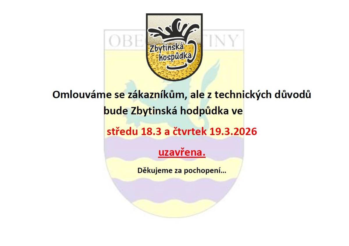 bude ve středu 18.3. a ve čtvrtek 19.3.2026 z technických důvodů uzavřena.  Děkujeme za pochopení...