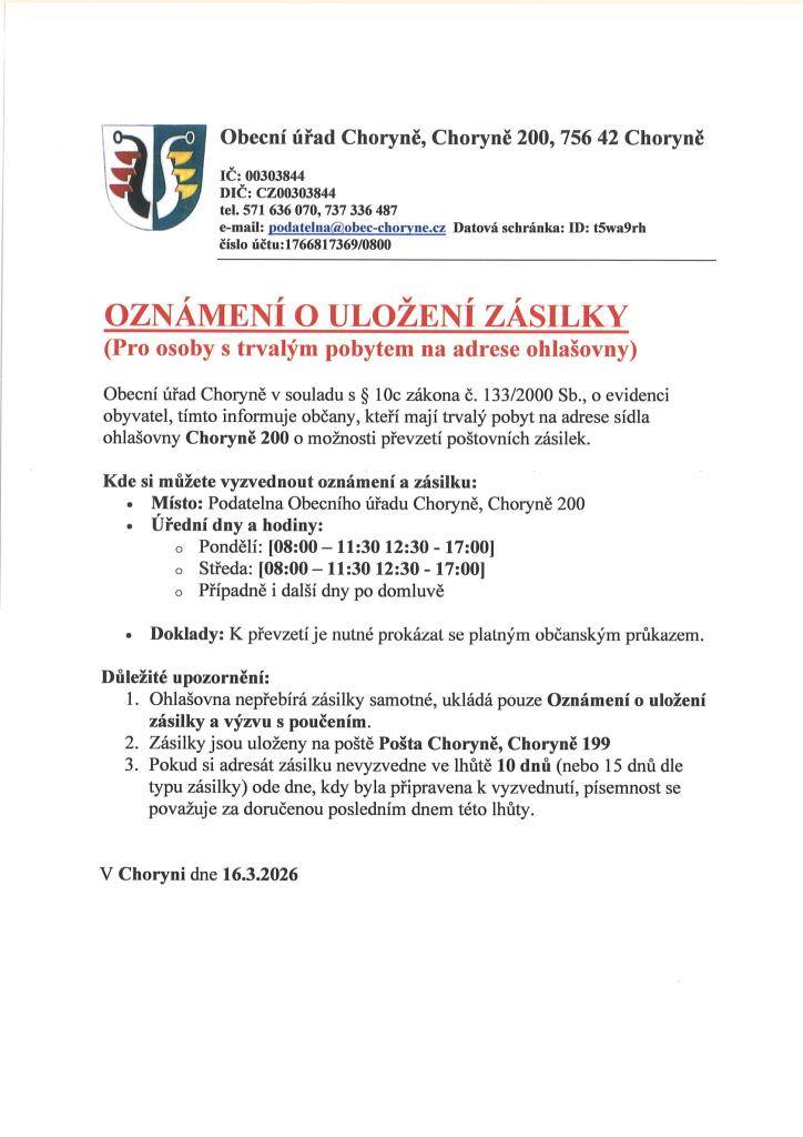 Oznámení o uložení zásilky pro osoby s trvalým pobytem na adrese ohlašovny.