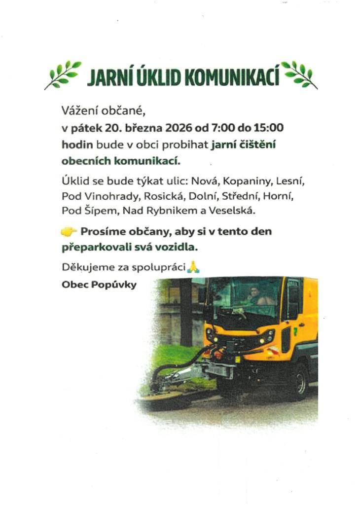 Jarní úklid komunikací v pátek 20.března od 7:00 - 15:00 hod.