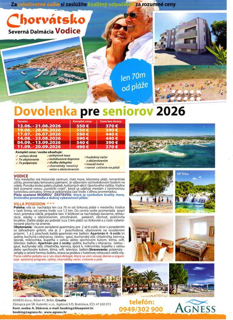 PONUKA POBYTOV PRE SENIOROV JDS V CHORVÁTSKU - sezóna 2026