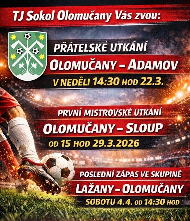Sokol Olomučany si Vás dovolují pozvat na domácí přátelské utkání mužů, již tuto neděli 22. 3. 2026 od 14:30 hod. Olomučany – Adamov.