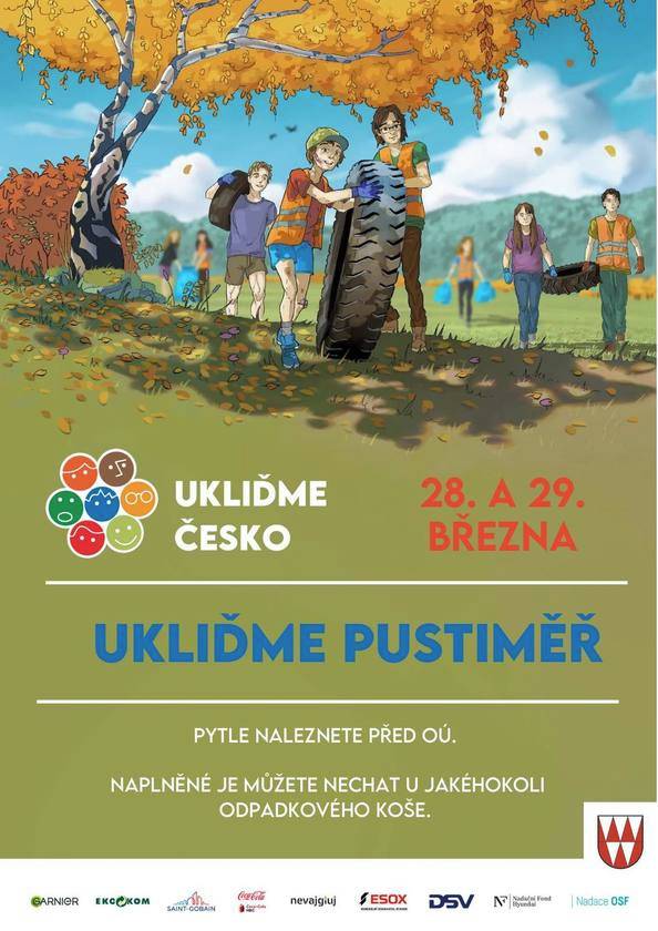 O víkendu 28. a 29. 3. 2026 se uskuteční akce, Ukliďme Česko, Ukliďme Pustiměř. Dobrovolníci si mohou vyzvednout prázdné pytle na odpadky před obecním úřadem, naplněné je potom můžete zanechat u kteréhokoliv odpadkového koše v obci. Děkujeme za Váš zájem.