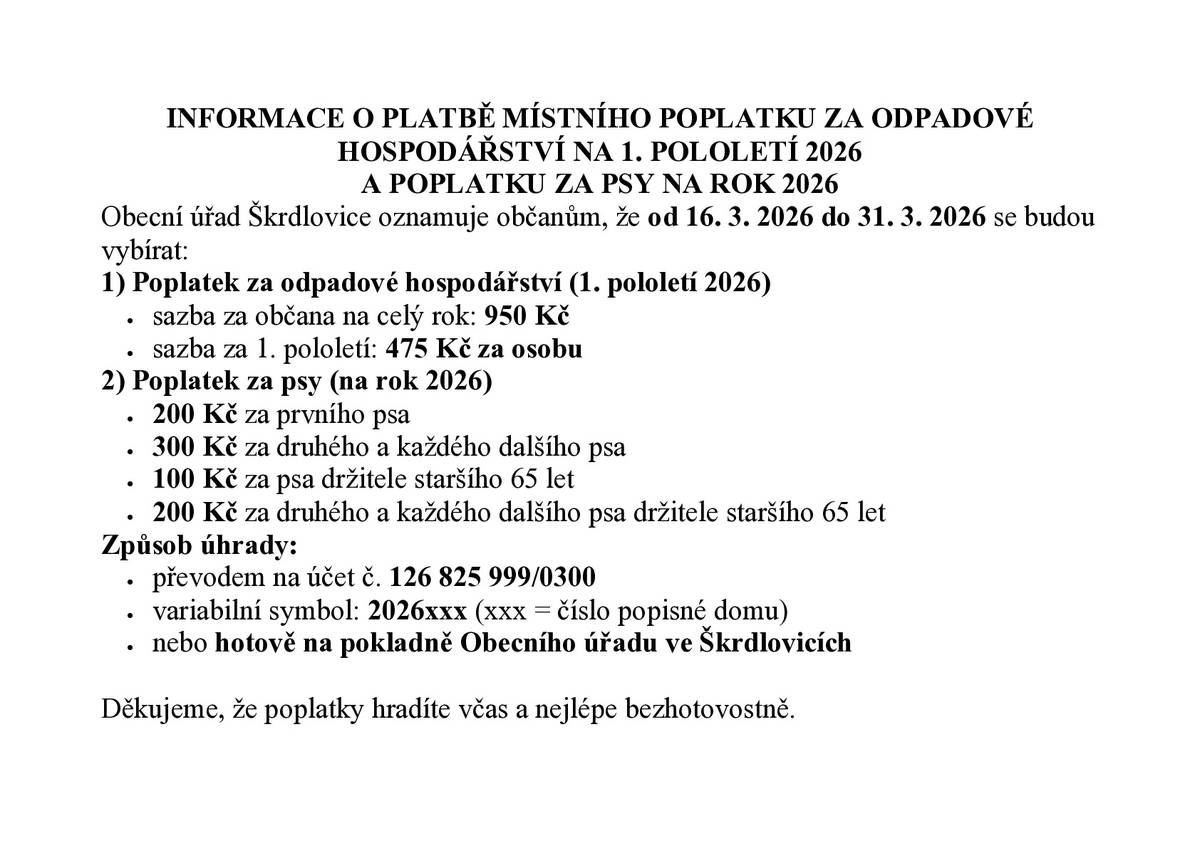 Informace k úhradě místních poplatků za odpad a psy v roce 2026