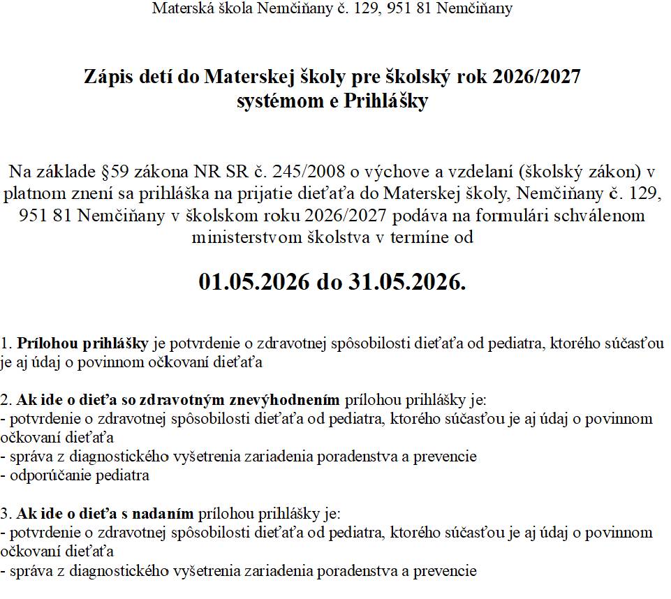 Zápis detí do Materskej školy Nemčiňany na školský rok 2026/2027