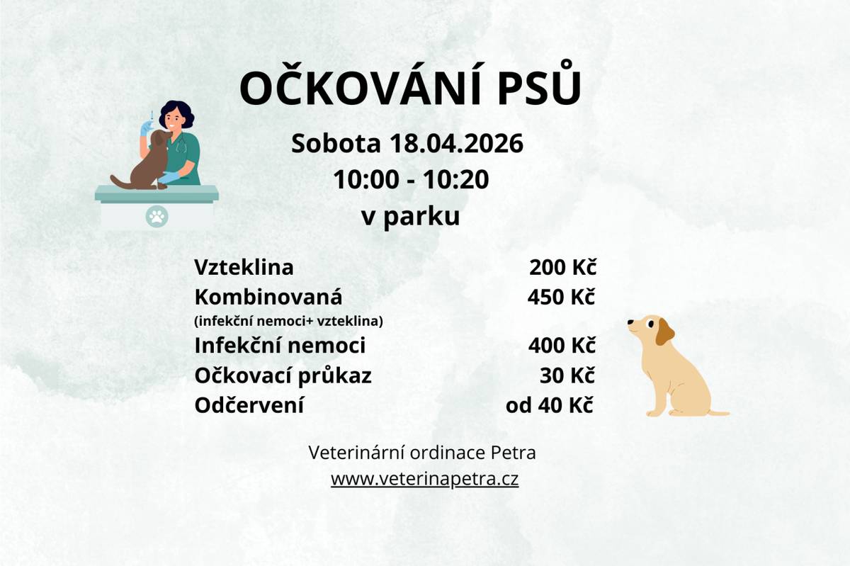 Veterinární ordinace Petra provede hromadné očkování psů v sobotu 18.4.2026 v 10:00 - 10:20 v parku.