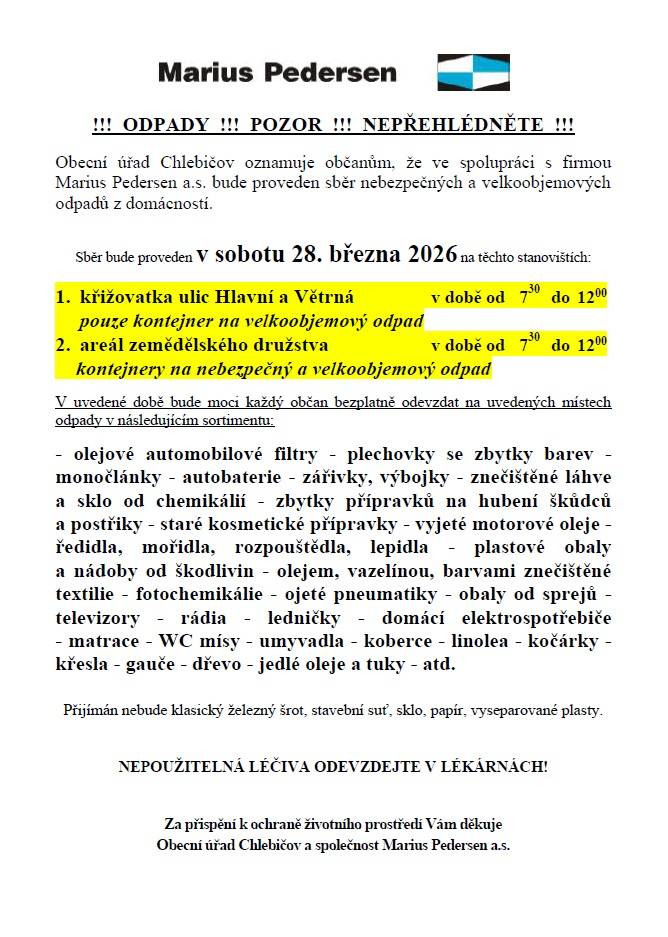 Kontejnery na velkoobjemový odpad v sobotu 28. března 2026 na stanovištích viz. plakát