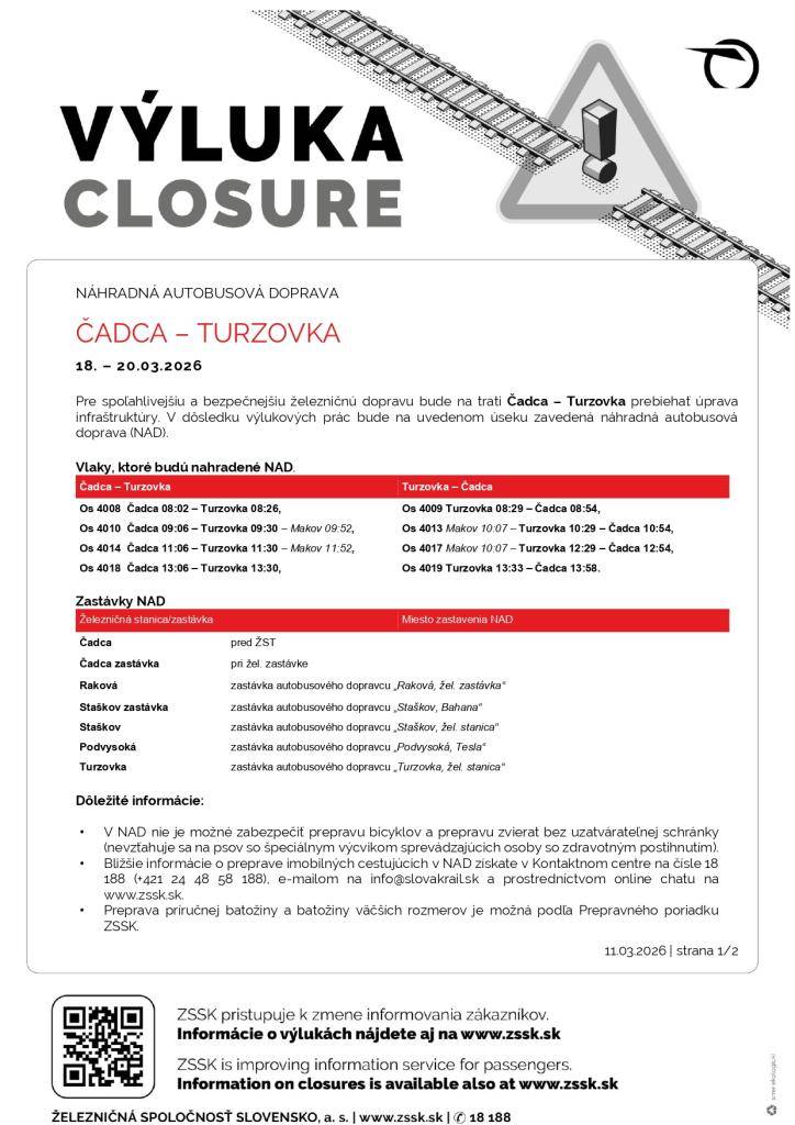 NÁHRADNÁ AUTOBUSOVÁ DOPRAVA  ČADCA – TURZOVKA  18. – 20.03.2026