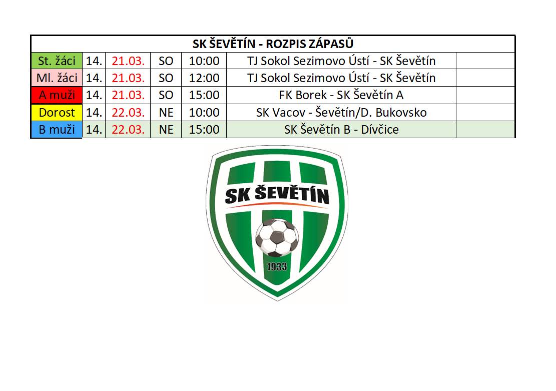 Rozpis fotbalových zápasů pro tento týden. Přijďte zafandit a podpořit hráče.