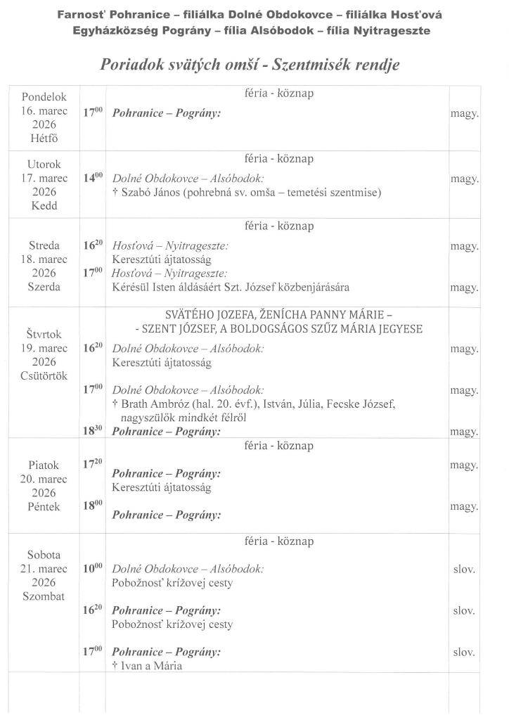Farské oznamy - Plébániai hirdetések