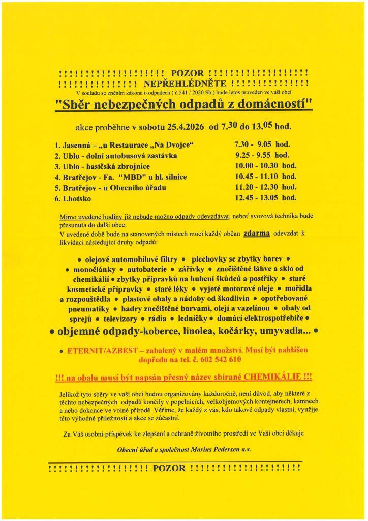 Sběr nebezpečných odpadů z domácností 25.4.2026