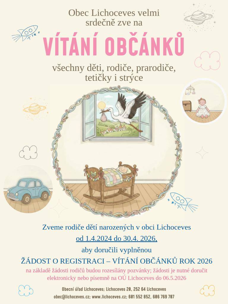 Srdečně zveme všechny rodiče, prarodiče, tety a strýce, aby se zúčastnili letošního Vítání občánků v obci Lichoceves. Akce se týká dětí narozených mezi 1. dubnem 2024 a 30. dubnem 2026, pro které je nutné doručit vyplněnou žádost o registraci na obecní úřad do 6. května 2026.