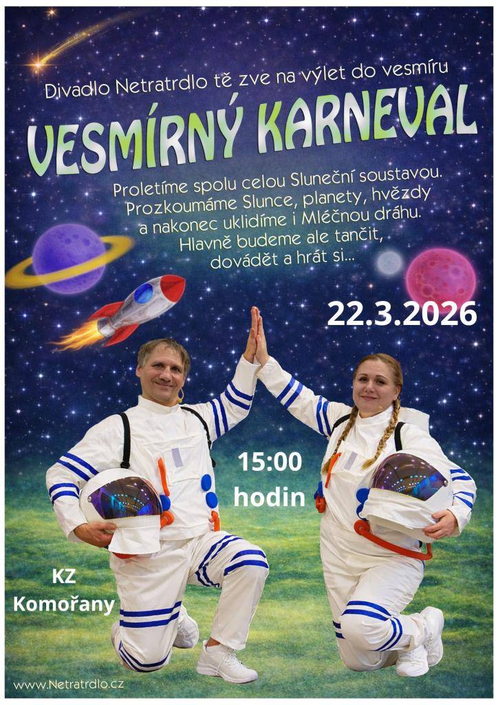 V Komořanech se chystá na neděli 22.3.2026 Vesmírný karneval, který slibuje zábavu pro všechny. Akce se zaměří na objevování Sluneční soustavy a jejího tajemství, přičemž hlavním cílem bude užít si tanec a hry v přátelském prostředí.
