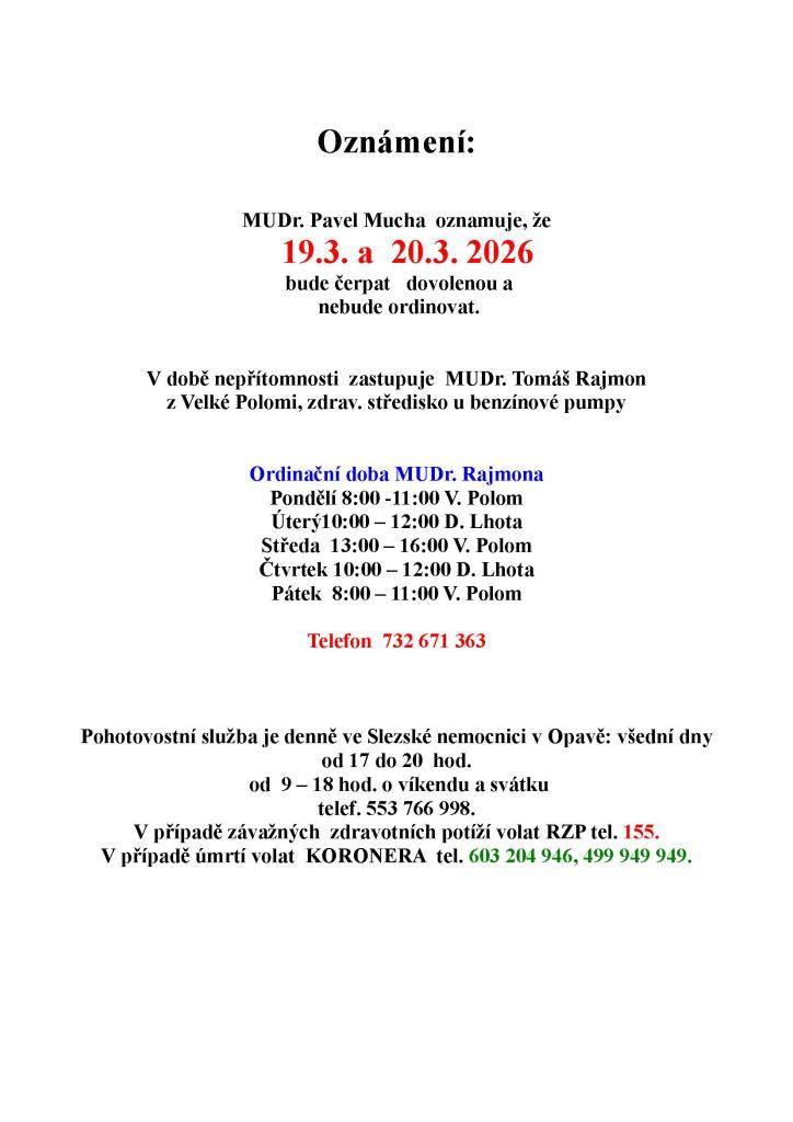 Oznámení o dovolené lékaře.