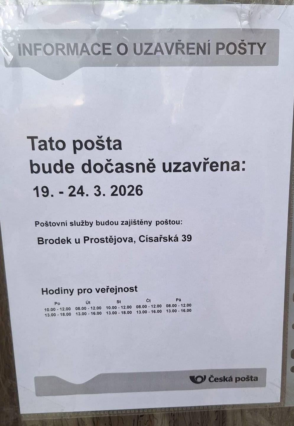 19. - 24.03.2026 bude zavřená pošta.