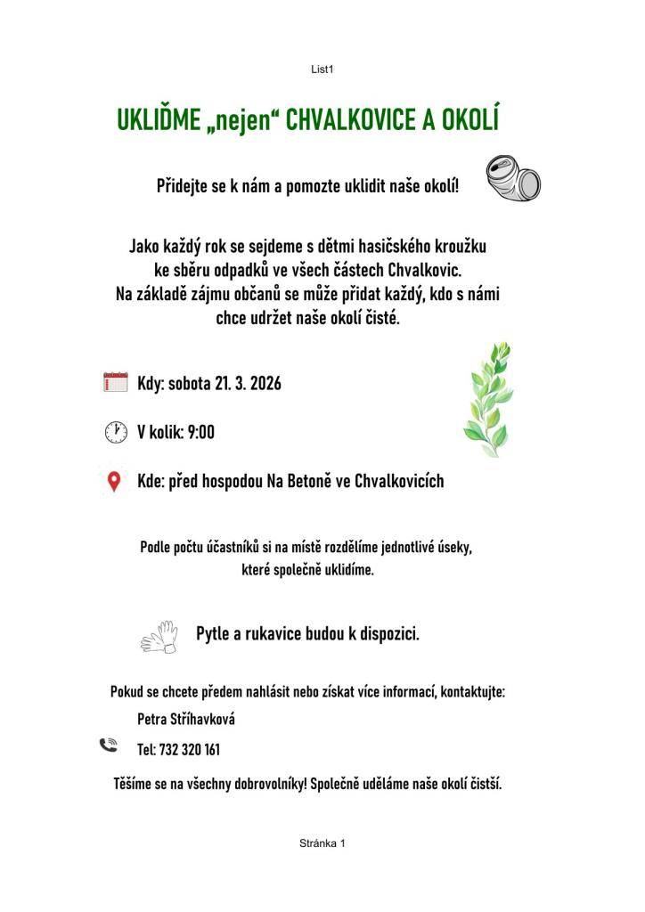 Ukliďme "nejen" Chvalkovice a okolí dne 21.3.2026 sobota v 9:00hod před hospodou Na Betoně