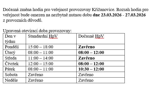 Z provozních důvodu je ve 13. týdnu upravena provozní doba viz příloha