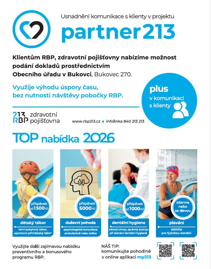 Zdravotní pojišťovna RBP zavedla novou službu, která umožňuje klientům podávat doklady prostřednictvím Obecního úřadu v Bukovci. Tento krok má za cíl zjednodušit a urychlit komunikaci, čímž odpadá nutnost návštěvy pobočky RBP.   Více viz plakát.