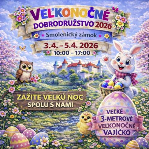 V dňoch 3. – 5. apríla 2026 sa uskutoční rodinné podujatie Veľkonočné dobrodružstvo na Smolenickom zámku, ktoré je určené pre deti a rodičov.    Počas celého dňa je pre návštevníkov pripravený program plný hier, rozprávkových postáv, divadelných predstavení a rôznych aktivít pre rodiny s deťmi.   Vstupenky si môžete zakúpiť nižšie: https://vstupenky.maxiticket.sk/velkonocne-dobrodruzstvo-na-smolenickom-zamku-2026-smolenice    foto: maxiticket.sk