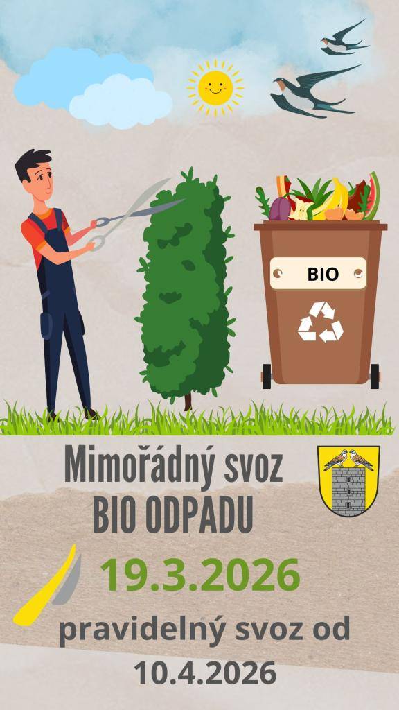 Ve čtvrtek 19. března 2026 proběhne mimořádný svoz bioodpadu. Nezapomeňte si prosím včas připravit své popelnice k vývozu.