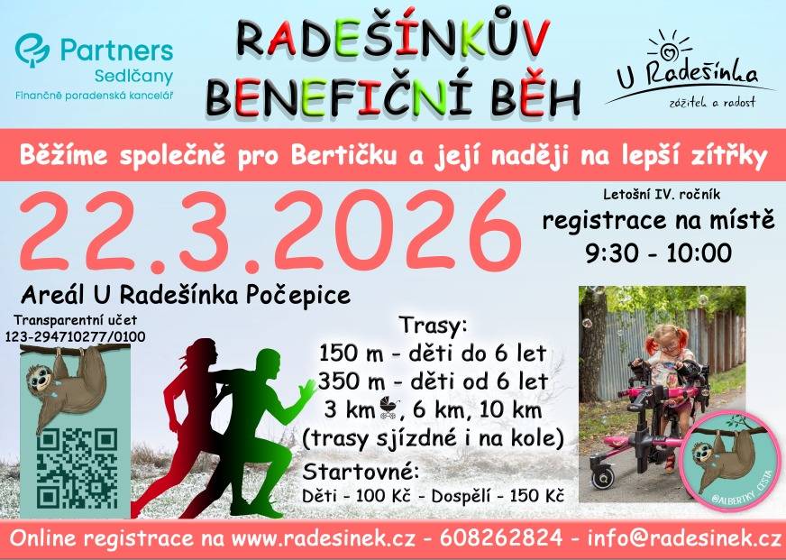 Benefiční běh v Počepicích U Radešínka 22.3.2026 - tento rok se poběží pro Bertičku