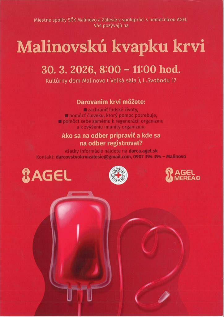 30.03.2026 od 8:00 - 11:00 hod.  kultúrny dom Malinovo