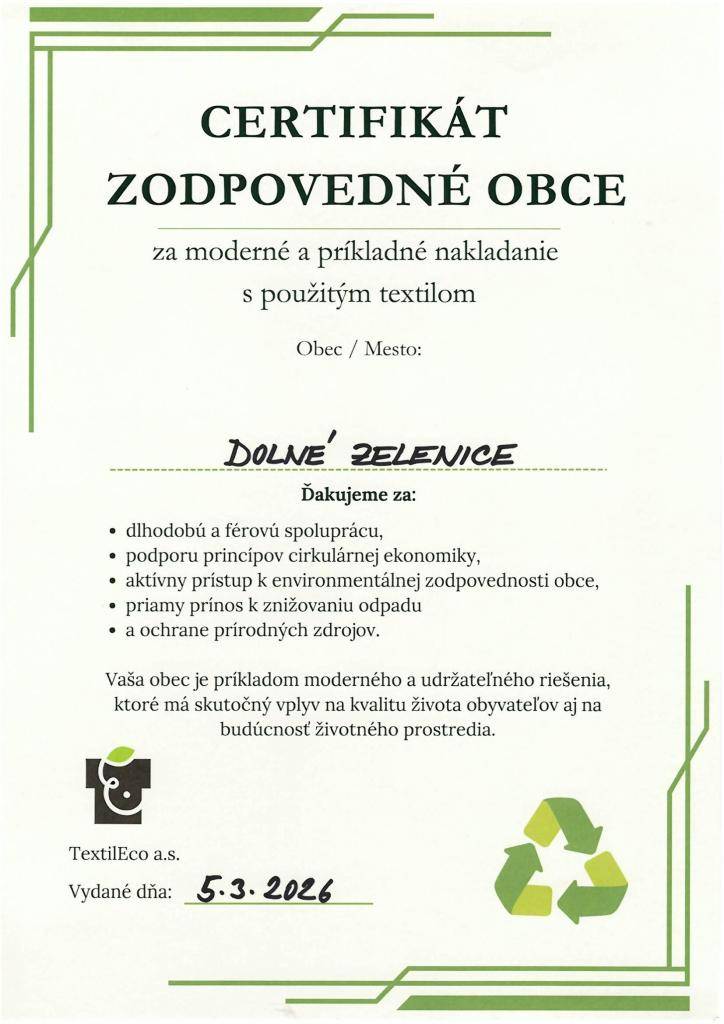Certifikát za moderné a príkladné nakladanie s použitým textilom.