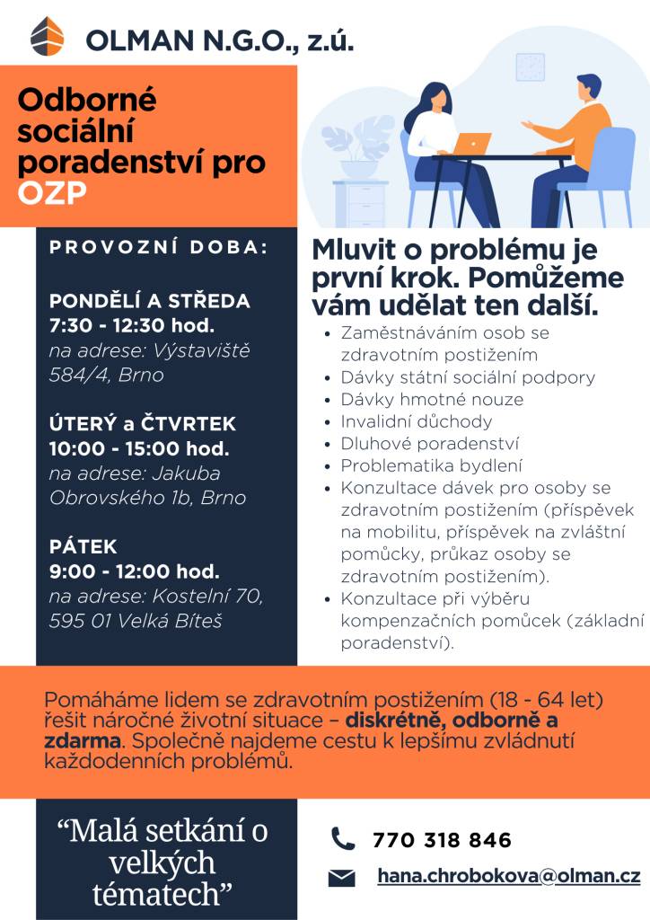 Informace a kontakt na Odborné sociální poradenství neziskové organizace OLMAN N.G.O., z.ú. najdete v přiloženém plakátě.
