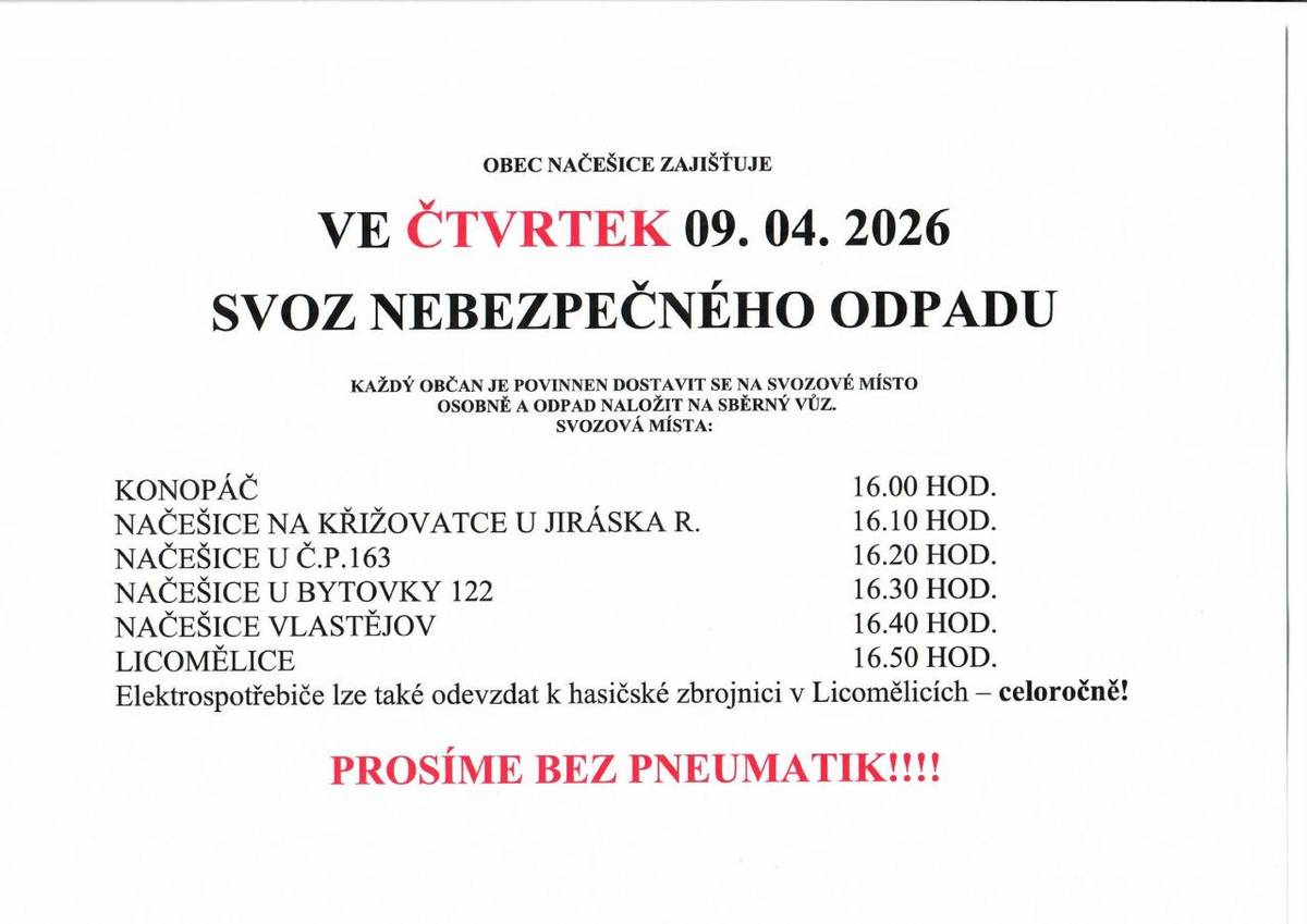Obec Načešice informuje o svozu nebezpečného odpadu, který se uskuteční ve čtvrtek 9. dubna 2026.
