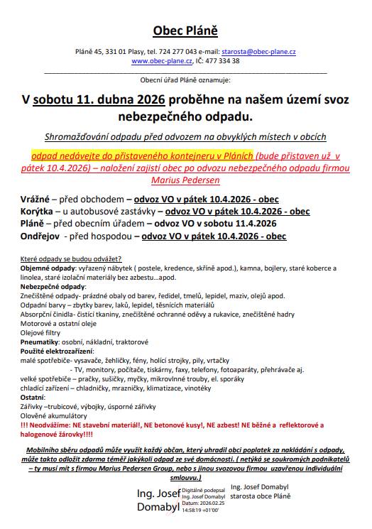 V sobotu 11.4.2026 proběhne svoz nebezpečného odpadu.  Od pondělí 13.4.2026 každý sudý týden svoz BIO odpadu.