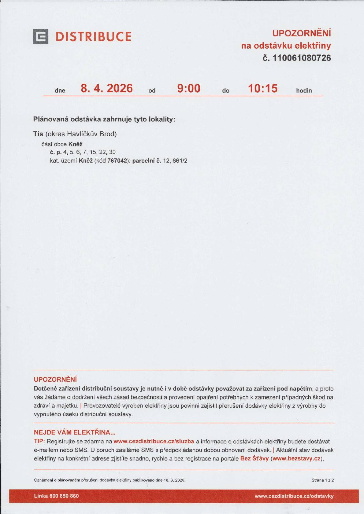 Plánovaná odstávka Kněž čp. 4,5,6,7,15,22,30 + p. č. 12, 661/2