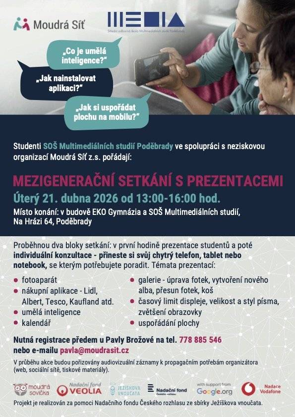 Nezisková organizace Moudrá Sovička, z.s. se zaměřuje na vzdělávání seniorů v oblasti chytrých telefonů, tabletů, počítačů a notebooků. Našim cílem je zvýšit digitální gramotnost starších obyvatel, usnadnit jim komunikaci s přáteli, rodinou, úřady a představit jim nové možnosti vyhledávání a získávání užitečných informací. Vzdělávací akce probíhají v rámci programu Digitální odysea ve spolupráci s Nadací Vodafone.  V dubnu také pořádají mezigenerační setkání v Poděbradech, na které se můžete vydat jak vy. Setkání se uskuteční dne 21.04 2026 od 13:00 - 16:00 hod. na adrese Na Hrázi 64, Poděbrady.  V první části se uskuteční prezentace studentů na zajímavá témata ohledně chytrých telefonů a následně bude navazovat individuální poradenství, kdy studenti pomohou seniorům vyřešit problémy s chytrým zařízením.  Základní podmínky programu: - seminář je zcela zdarma - minimální věk účastníků je 65 let - minimální počet přihlášených je 10 osob, aby se akce mohla uskutečnit - maximální počet přihlášených je 15 osob - každý senior se může zúčastnit jen jedné akce - víc informací naleznete v příloze  Nabízet můžete: 4h Seminář Jak na chytrý telefon a tablet pro 10-15 zájemců. Seminář je určen pro zájemce starší 65 let, musí mít vlastní chytrý telefon nebo tablet. Seminář není určen pro notebooky!  4h Seminář Jak na počítač a notebook pro 10-15 zájemců. Seminář je určen pro zájemce starší 65 let, musí mít vlastní notebook. Seminář není určen pro telefony a tablety!  Kontakt: Pavla Brožová, lektorka a koordinátorka, tel. 778 885 546, pavla@moudrasovicka.cz www.moudrasovicka.cz   https://www.obecpatek.cz/admin/soubory/aktuality/702_aktuality.pdf