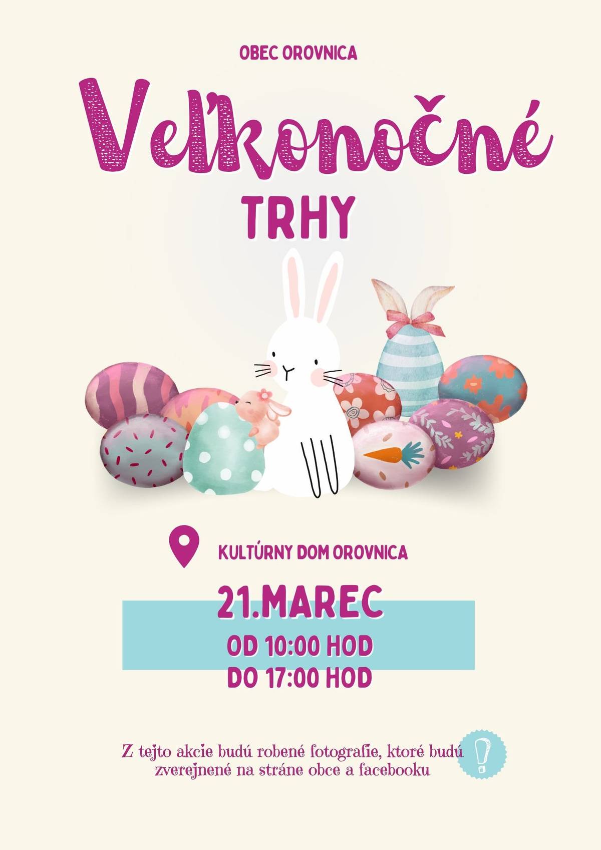 Srdečne vás pozývame na Veľkonočné trhy, ktoré sa budú konať v sobotu 21.03.2026 od 10:00 do 17:00 hodiny v kultúrnom dome v Orovnici.
