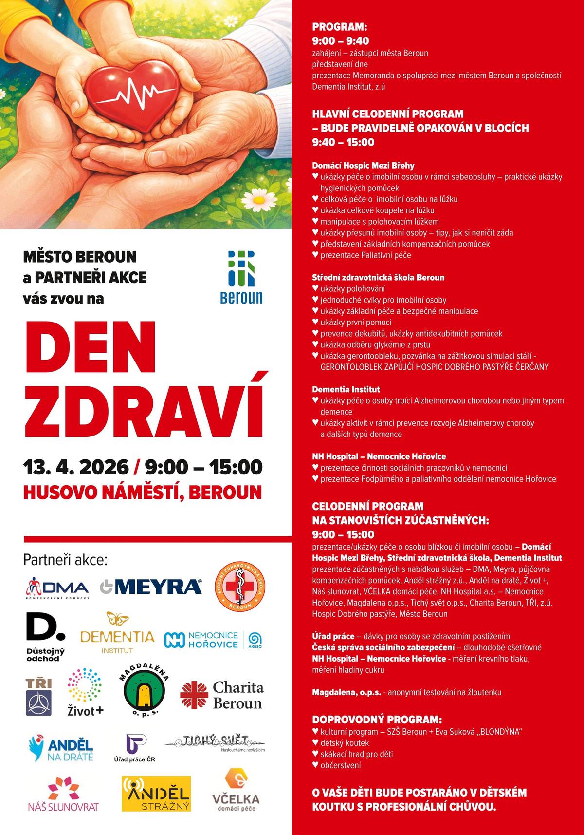 Město Beroun a partneři akce zvou na "DEN ZDRAVÍ", který se koná v pondělí dne 13. 04. 2026 na Husově náměstí v Berouně.