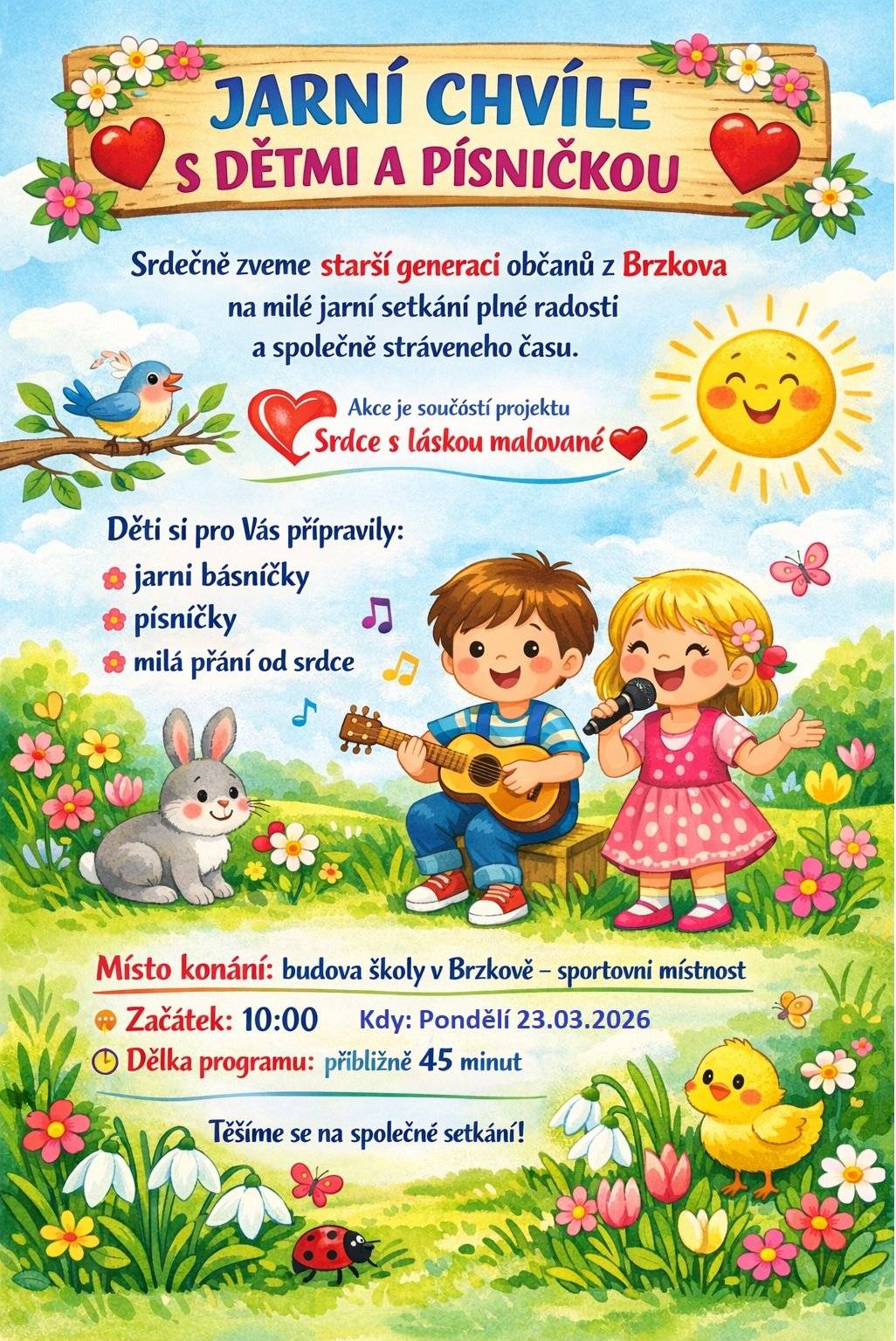 akce Jarní chvíle s dětmi a písničkou, která se uskuteční v pondělí 23.03.2026 od 10:00 v budově školy v Brzkově – sportovní místnosti.