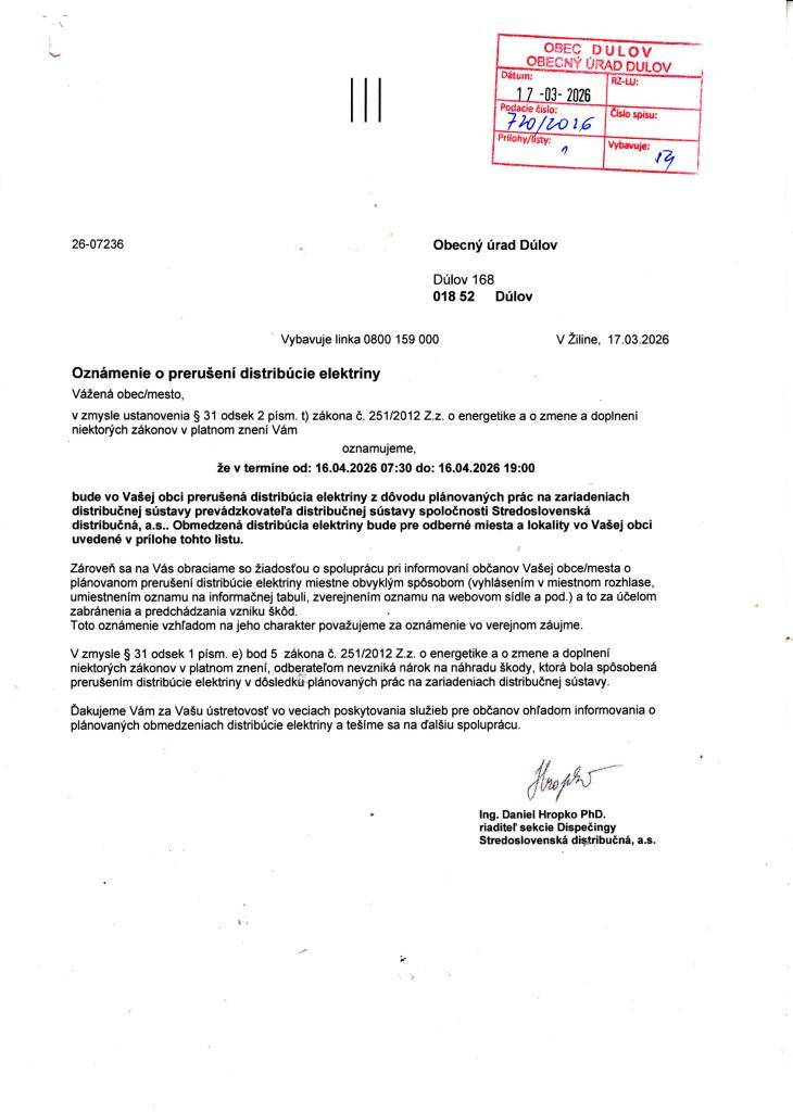 SSD oznamujeme prerušenie distribúcie elektrickej energie dňa 16.4.2026 pre s.č. 77 - 150 vrátane 273,274,302,303