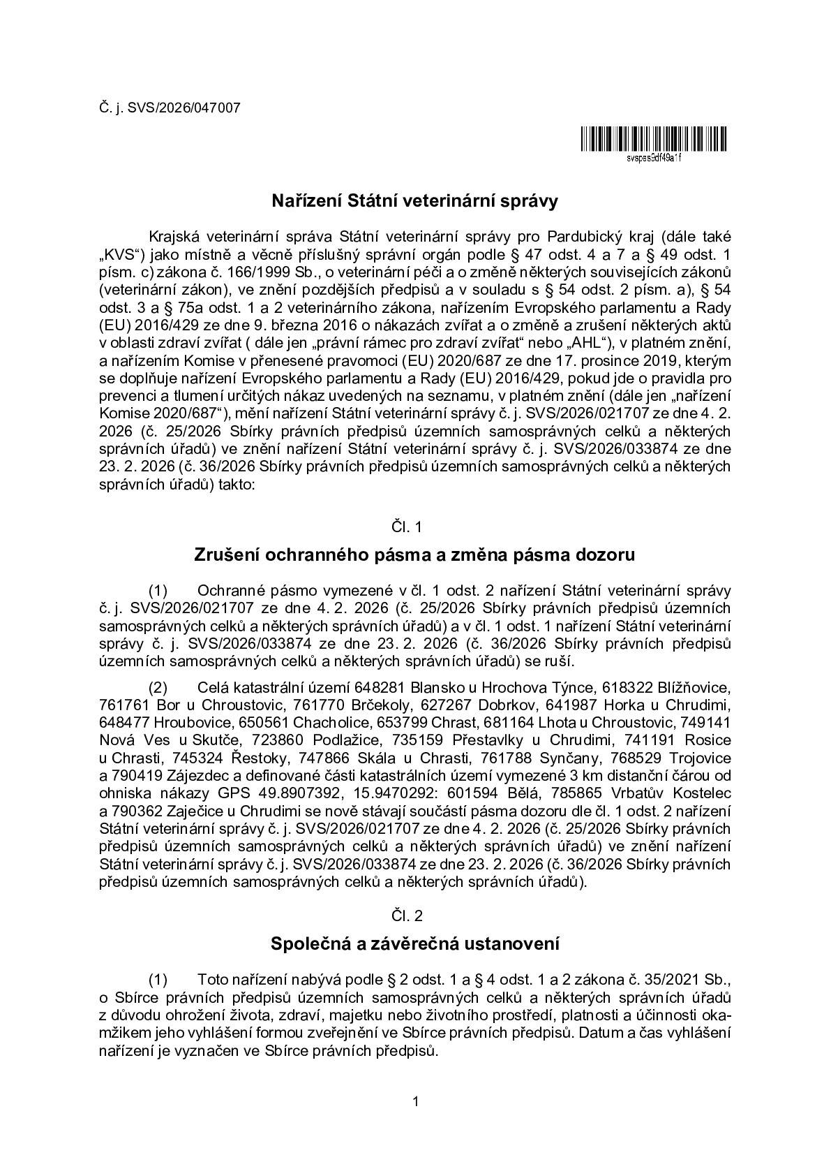 Na základě nového nařízení Státní veterinární správy ze dne 17. 3. došlo ke zrušení ochranného pásma, nicméně Trpišov (místní část Slatiňan) zůstává nadále v pásmu dozoru. 🐔 Důležité pro chovatele drůbeže a ptactva: Platná veterinární opatření nadále trvají, zejména: 📌 Povinnost nahlásit chovy drůbeže a ptáků (pokud ještě nebylo provedeno) 📌 Zamezit kontaktu s volně žijícím ptactvem (uzavření chovů, zasíťování) 📌 Zabezpečit krmivo a vodu proti kontaminaci 📌 Sledovat zdravotní stav chovu a hlásit úhyny či pokles produkce ☎️ Krizová linka KVS: +420 773 851 053 ℹ️ Co to znamená v praxi? I přes zlepšení situace je nutné nadále dodržovat zvýšená opatření, aby se zabránilo opětovnému šíření nákazy v regionu. Prosíme občany Trpišova, zejména chovatele, o důsledné dodržování těchto opatření. Děkujeme za spolupráci. Město Slatiňany