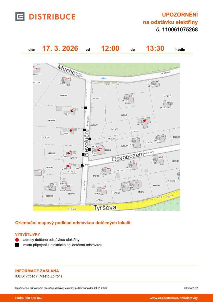 Oznamujeme plánovanou odstávku elektřiny, která se uskuteční 17. března 2026 od 12:00 do 13:30 hodin v Zbirohu. Dotčeny budou adresy v ulicích Revoluční a Tyršova. Prosíme občany, aby dodržovali bezpečnostní opatření, protože zařízení může být pod napětím i během odstávky.