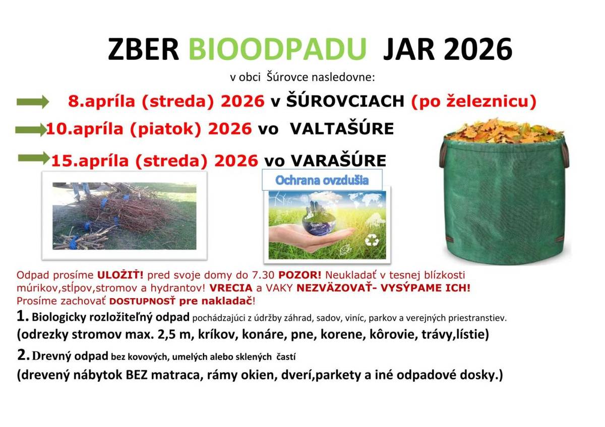 08. apríla 2026 (streda) v Šúrovciach (po železnicu)  10. apríla 2026 (piatok) vo Valtov Šúre  15. apríla 2026 (streda) vo Varov Šúre