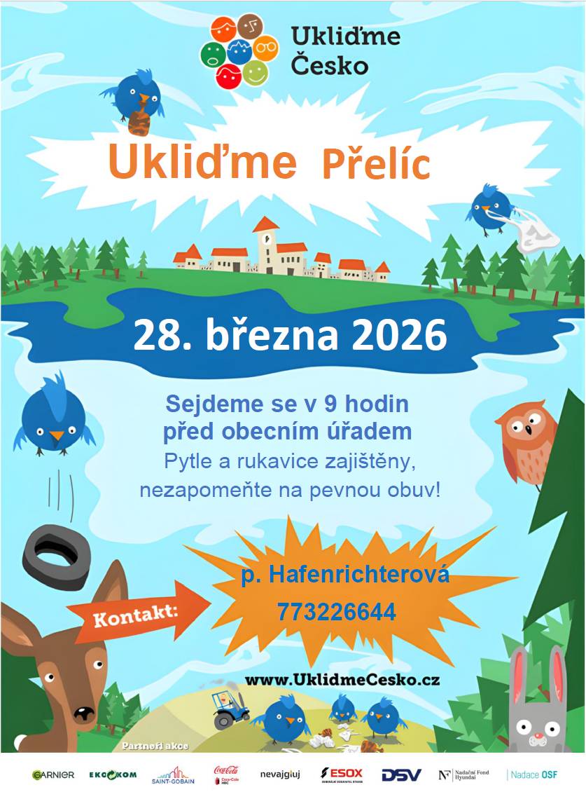 🕘 9:00 – Ukliďme Přelíc (5. ročník) Sraz před OÚ Přelíc. Společně uklidíme naši obec v rámci celostátní akce Ukliďme Česko. Přijďte pomoci dobré věci a udělat něco pro naše okolí. 🌿 🐣 16:00 – Velikonoční vyrábění V zasedací místnosti OÚ Přelíc. Pro děti i dospělé bude připraveno velikonoční tvoření. V případě příznivého počasí se  program uskuteční na obecní zahradě. Těšíme se na vaši účast! 😊