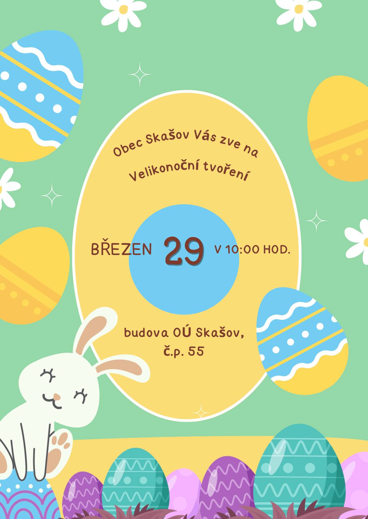 Pozvánka na Velikonoční tvoření zejména pro děti - v neděli dne 29.03.2026 od 10 hod. Prosíme, přineste si s sebou truhlík či květináč a vyfoukaná vajíčka a vymyté skořápky.
