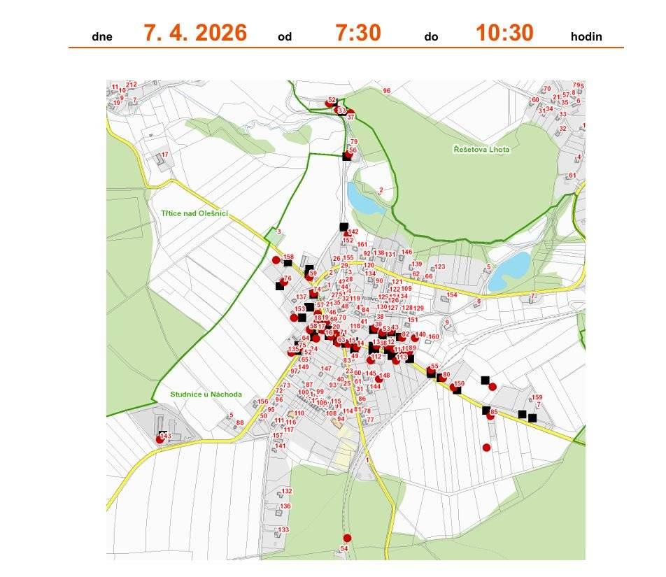 Odstávka elektřiny v části Studnice proběhne 7.4.2026 od 7,30 do 10,30 hodin. Týká se čísel popisných: část obce Studnice č. p. 10-20, 33, 37, 39, 43, 53, 55, 56, 58, 59, 63, 71, 74, 75, 76, 80, 82, 85, 89, 112, 113, 135, 140, 142,143, 148, 150 část Řešetova Lhota č.p. 52