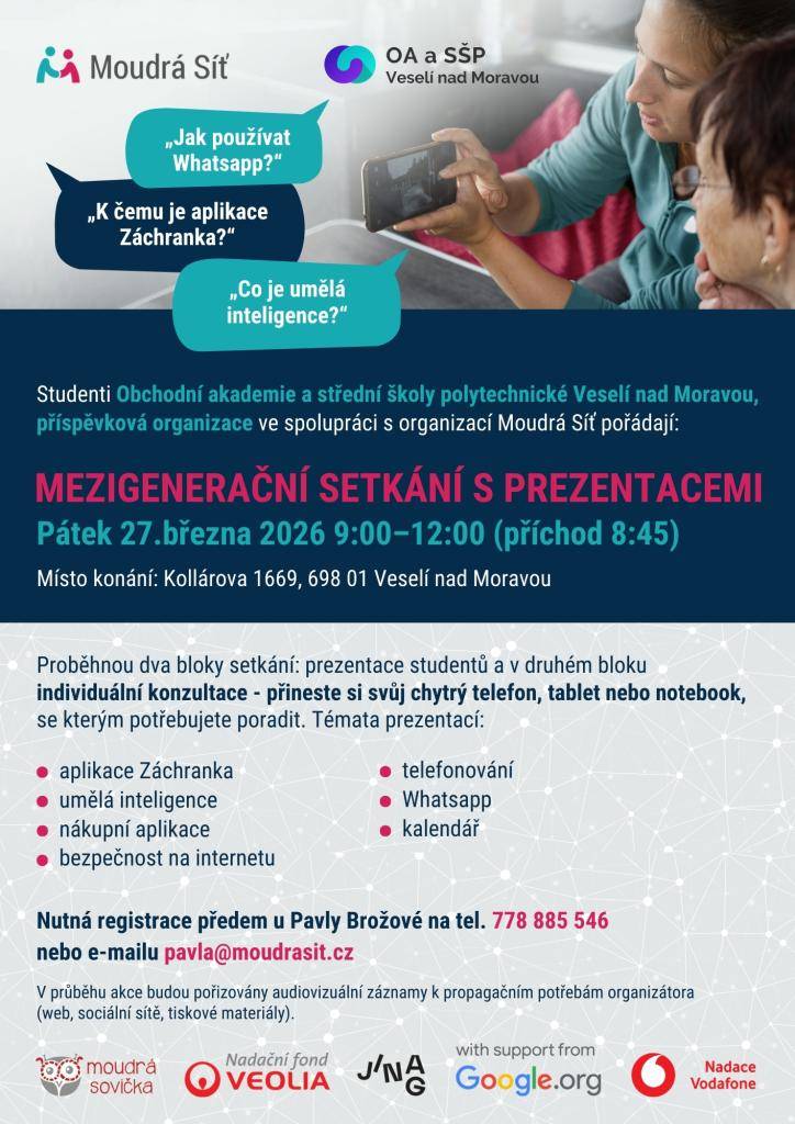 OA a SŠP Veselí nad Moravou pořádá mezigenerační setkání, které se koná dne 27. března 2026 od 9.00 do 12.00 na adrese Kollárova 1669. Akci organizují studenti ve spolupráci s Moudrou Sítí.